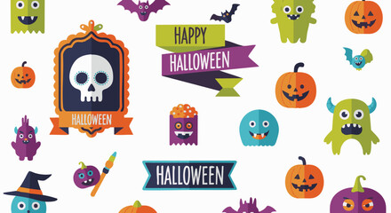 Happy Halloween graphic elements. Vector illustration of spooky and cute creatures, pumpkins, bats, and banners. Flat design style
