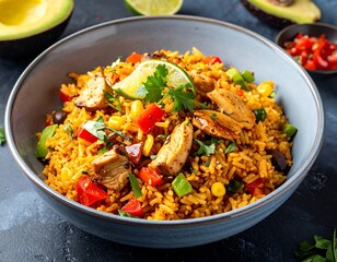 Colorful chicken and rice dish in bowl
