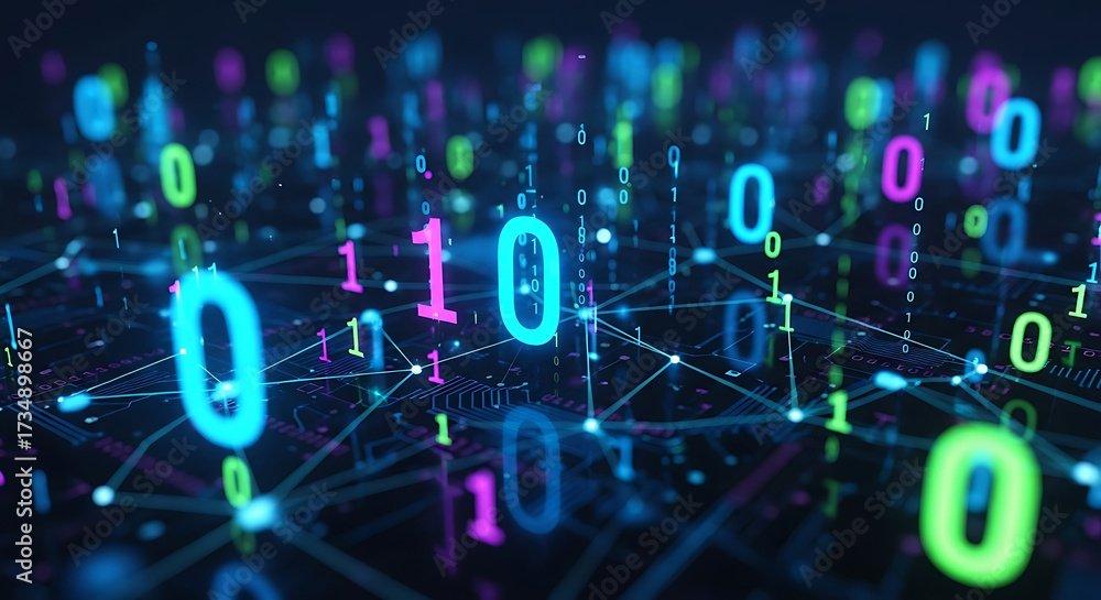 Wall mural neon binary code numbers floating in digital network zero