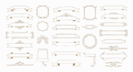Set of elegant, hand-drawn vintage ribbons, frames, and banners
