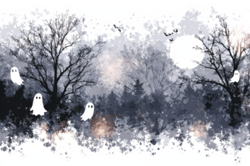 Spooky Halloween night scene with cute cartoon ghosts floating in a misty, moonlit forest with bare trees.