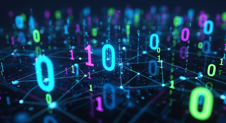 Neon Binary Code Numbers Floating In Digital Network zero