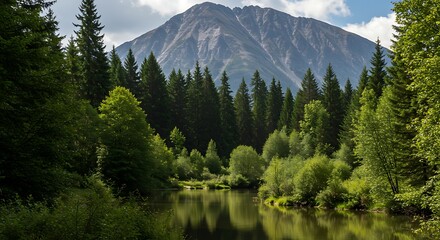 Scenic mountain landscape with lush trees and a tranquil river flowing through