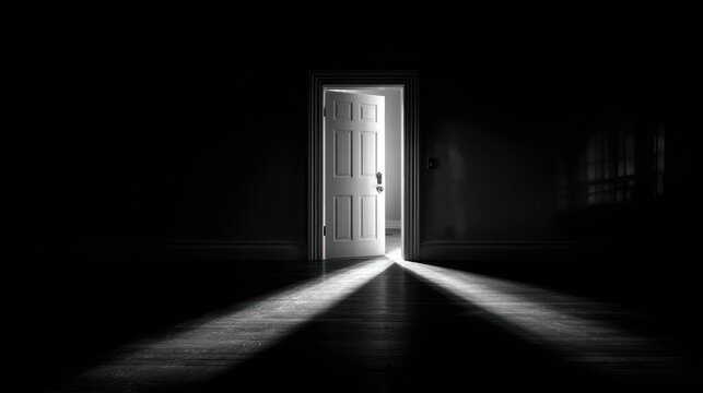 Ajar door shines light into a dark, empty room with wooden floors and shadowy walls