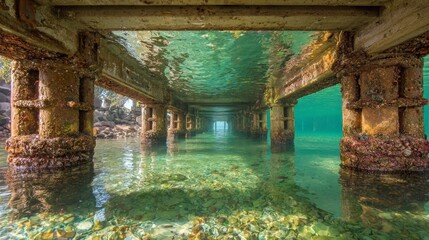Underwater Pier Pillars with Light Streaks and Clear Turquoise Water