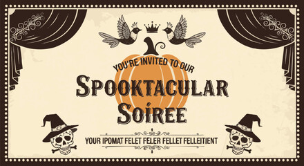 Spooktacular Soiree invitation featuring a pumpkin, skulls with witch hats, and vintage-style birds