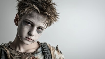 Caucasian boy in tattered costume with theatrical makeup for Halloween campaigns, cosplay event posters, and theatrical makeup tutorials, photorealistic style on bright neutral background