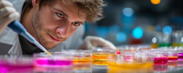 Caucasian male biotech engineer using pipette in colorful lab for medical research publications, biotech brand visuals, and science product marketing, bright background, sharp focus foreground, 5:2 