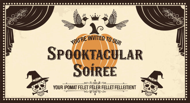 Spooktacular Soiree invitation featuring a pumpkin, skulls with witch hats, and vintage-style birds