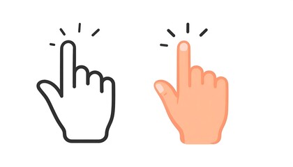 Obraz premium Two contrasting hand pointing icons, one in black outline, the other in a simple, light peachy-orange color, clearly illustrate an interactive element.