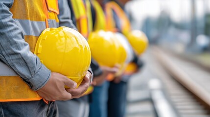 line of construction workers holding yellow helmets near railway tracks for safety campaign, industrial website banners, and public service visuals, outdoors, shallow depth, copy space on right