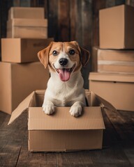 Dog sitting in open cardboard box for pet relocation services, moving company advertisements, and family lifestyle promotions, cinematic indoor setting with brown tones 