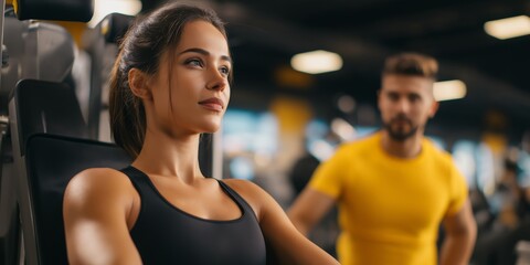 Woman exercising on gym machine with personal trainer for personal training ads, fitness app promotions, and gym interior visuals, horizontal banner with cinematic blur and side copy space.