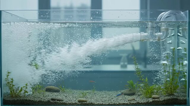 Focused view of a venturi system in action injecting oxygenrich water flow into a basin enhancing oxygen dispersion for healthier aquatic ecosystems and better water clarity.