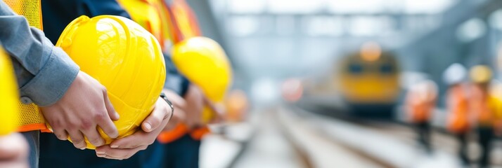 construction workers holding yellow helmets at railway station for safety campaigns, infrastructure projects, and industrial websites, daylight scene, high-visibility vests, ultra-wide horizontal form