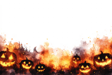 Watercolor illustration of glowing jack-o'-lanterns at the bottom with a spooky orange and black background, perfect for Halloween celebrations.