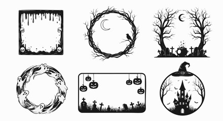 Spooky Halloween vector illustrations set in black and white. Includes frames with ghosts, skulls, pumpkins, haunted house, and a witch's hat