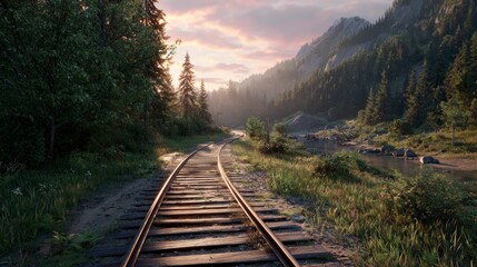 Forest railroad tracks sunrise