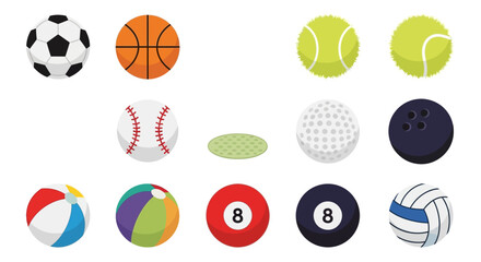 A collection of various colorful sports balls, including soccer, basketball, tennis, baseball, and volleyball, presented as flat vector icons.