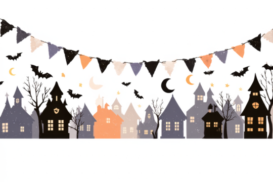 Halloween town silhouette with bats, moons, stars, and bunting banner.
