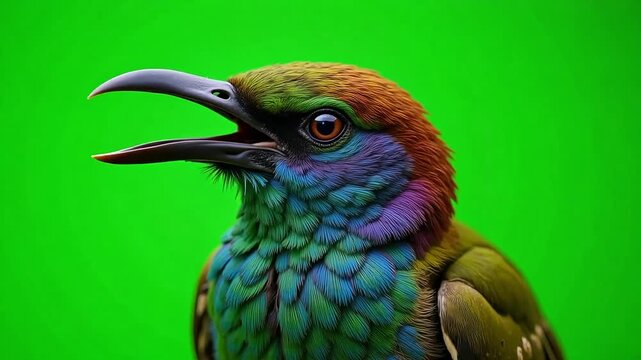 Captivating exotic bird with brilliant iridescent plumage opening its beak to sing or squawk against a vibrant green screen background