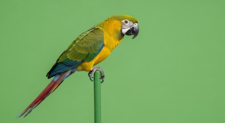 Obraz premium Colorful macaw parrot perched on a stick isolated on a green screen background. Effect for chromakey. Exotic bird with vibrant feathers.