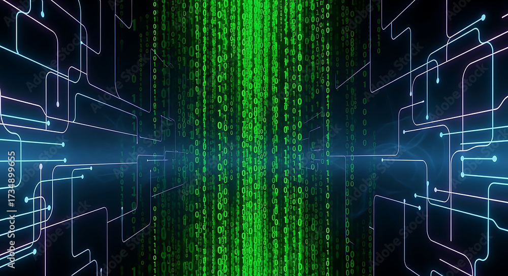 Wall mural vertical matrix of green binary code between blue circuit lines image photo