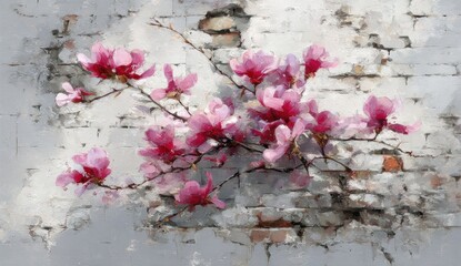 Delicate magnolia blossoms bloom against a weathered gray brick wall, painted with soft hues of pink and gray.