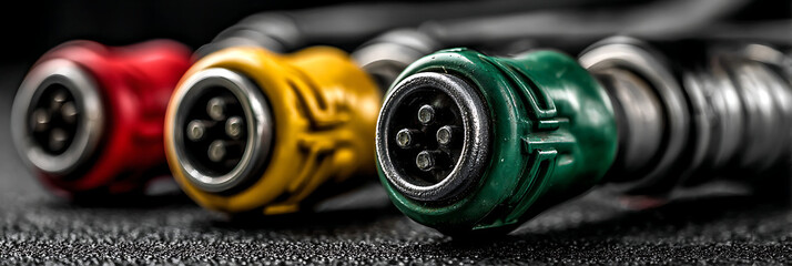 Close-up of colorful industrial electrical circular connectors in red, yellow, and green, used for power supply, data transfer, and signal transmission.
