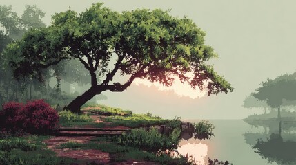 Mystical pixel art illustration of a lone tree by the calm lake shore