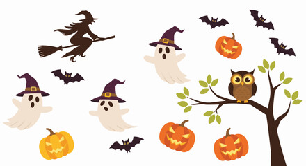 Fototapeta premium Whimsical Halloween illustration featuring a witch silhouette, playful ghosts, jack-o'-lanterns, bats, and an owl on a branch against a white background