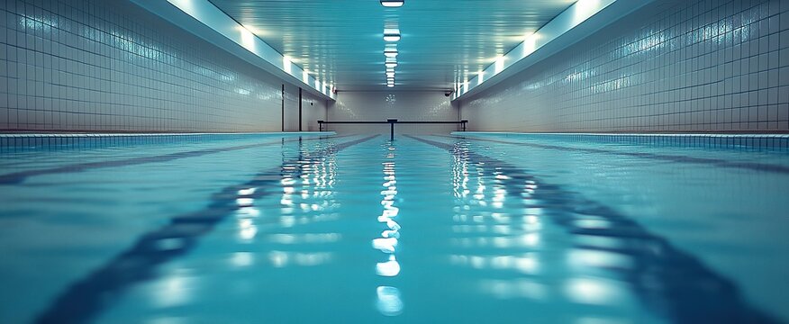Indoor swimming pool with calm turquoise water, lane dividers, and tiled walls, viewed from the end, showing the length of the pool and overhead lighting