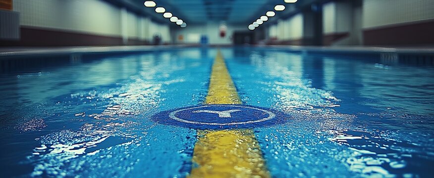 Indoor pool lane marker with rippling water, shallow depth of field focusing on the center lane marker