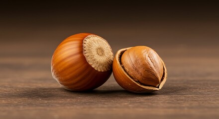 Close up of two hazelnuts on a wooden surface with brown tones