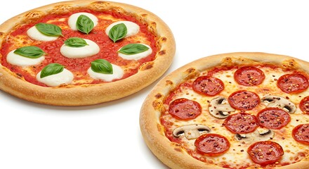 Delicious pizzas with fresh toppings on a white surface for culinary concepts