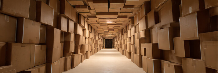Long, narrow perspective of a surreal corridor constructed entirely from stacked brown cardboard shipping boxes, symbolizing logistics, commerce, and mass storage.