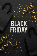 Black friday background scene with gold confetti and shopping bags placed together creating a festive retail atmosphere with promotional decorations and seasonal holiday sales