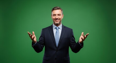 Happy caucasian man with open hand gesture on green screen background. Male smiling businessman for chromakey effect.