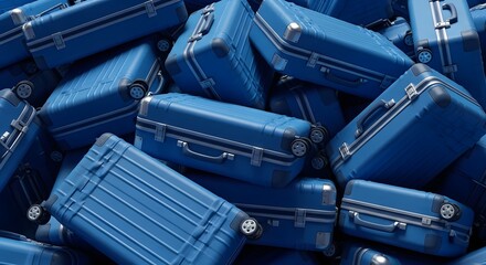 A massive, chaotic pile of identical blue hard-shell rolling suitcases.