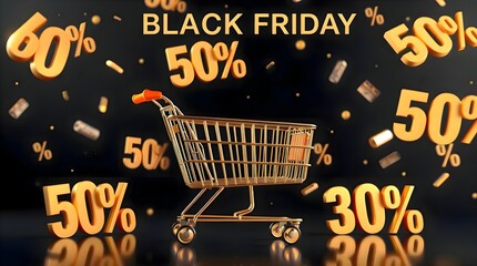Shopping cart filled with discount signs and glowing fifty percent off promotion during black friday seasonal sale offering retail customers special shopping event