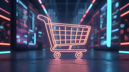 Shopping cart positioned in the middle of illuminated city street at night symbolizing commerce retail sales urban lifestyle and festive shopping atmosphere