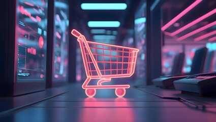 Shopping cart placed on the floor next to a computer symbolizing online retail commerce digital marketing and holiday discount promotions for seasonal sales