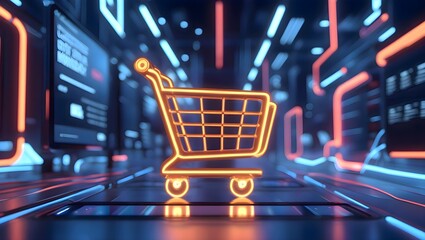 Shopping cart placed on top of an open laptop computer symbolizing digital commerce online shopping and modern e commerce marketing with holiday retail discounts