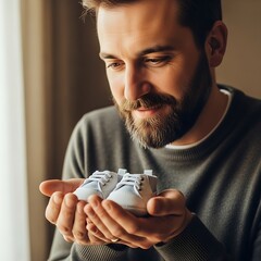 Father Looking at Baby Shoes, Expectant Father, New Parent, Baby Gift, Happy Moment.