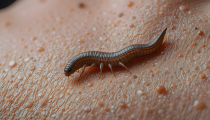 Close up macro shot of centipede crawling across human skin highlighting insect body texture detail and interaction between arthropod and person surface