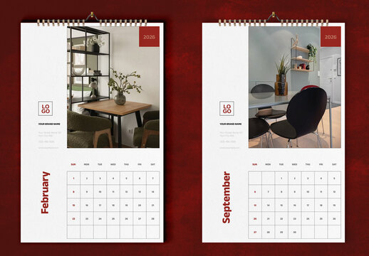 Crimson Red Interior Design Wall Calendar 2026 Tabloid Layout