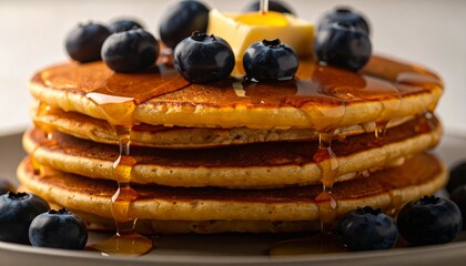 A hyper-realistic macro shot of a warm stack of golden-brown pancakes, featuring melting butter, fresh blueberries, and sweet syrup dripping down