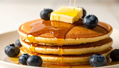 An appetizing close-up of a freshly made stack of golden pancakes, generously topped with melting butter, sweet syrup, and plump blueberries