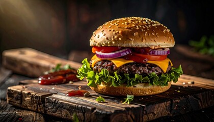A delicious gourmet cheeseburger with a juicy beef patty, melted cheddar cheese, fresh lettuce, tomato, and onion on a rustic wooden board