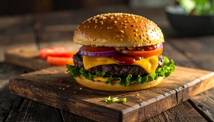 A mouthwatering, close-up view of a fully assembled hamburger on a wooden cutting board.